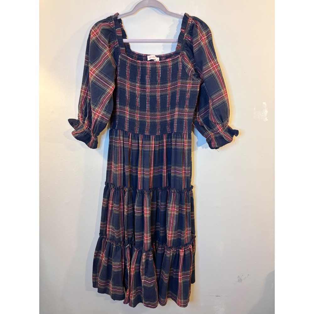 Ivy City Co Madeline Navy Blue & Red Plaid Flannel Midi Dress XL Holiday
